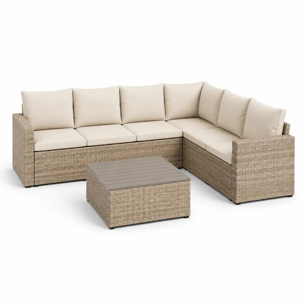 Gartenlounge Set 6-Sitzer mit Couchtisch PE-Rattan L-Form Beige 270 x 210 cm