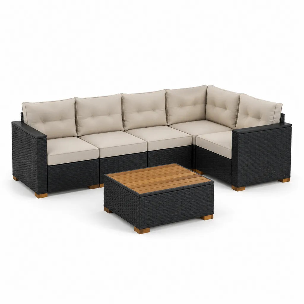 Gartensofa Ecksofa Set 4-Sitzer L-Form 228 x 228 x 88 cm Polyrattan Schwarz Beige mit Couchtisch