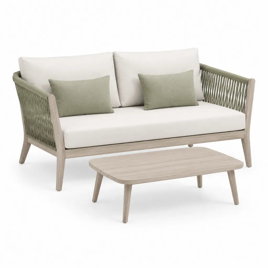 Garten-Loungeset 2-Sitzer mit rechteckigem Couchtisch aus Akazienholz und Polypropylen-Seil Natur Creme Grün 145 x 75 x 78 cm