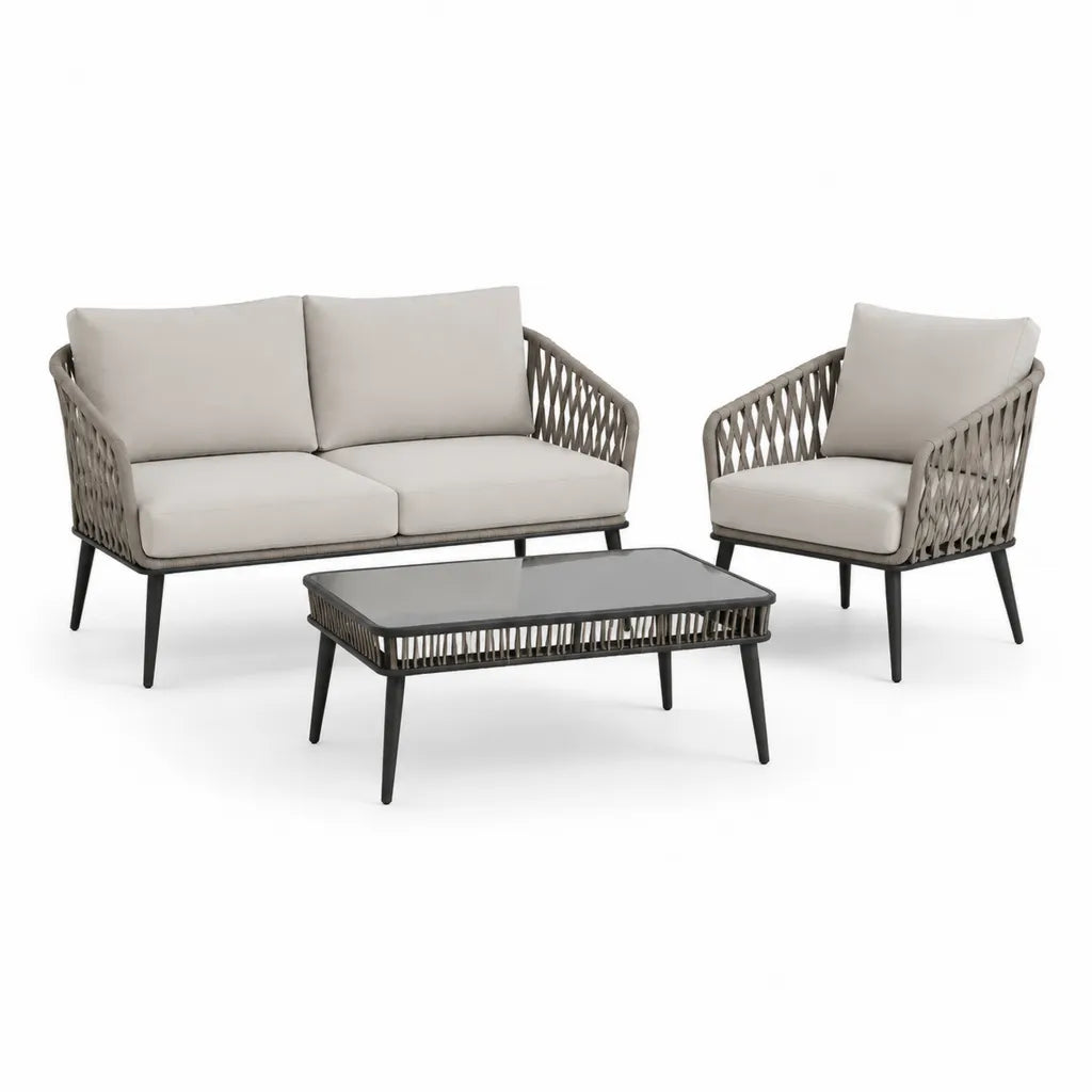 Gartenlounge Set 3-teilig mit 2-Sitzer Sofa Sessel und rechteckigem Couchtisch PE-Geflecht Stahl Beige Anthrazit Sofa 140 x 75 x 78 cm Sessel 75 x 75 x 78 cm Tisch 100 x 60 x 45 cm