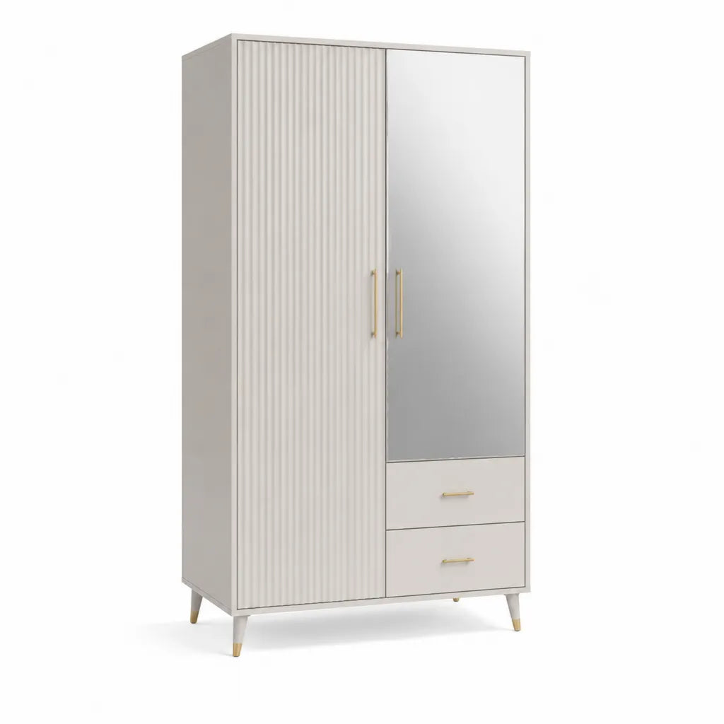 Kleiderschrank mit Spiegel 80 x 50 x 180 cm MDF Weiß Gold mit 2 Türen und 2 Schubladen