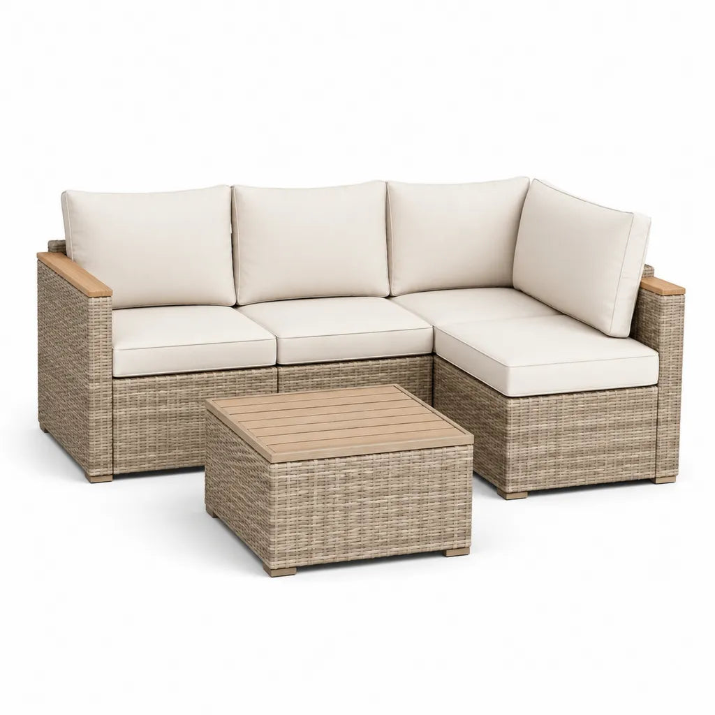 Gartenlounge Ecksofa 4-teilig mit Couchtisch PE-Rattan Aluminium L-Form Beige 210 x 150 x 85 cm Tisch 70 x 70 x 40 cm