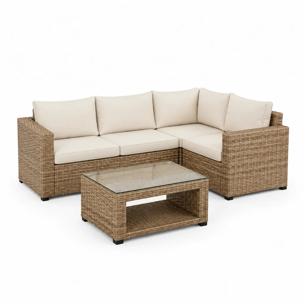 Gartenlounge Set PE-Rattan Ecksofa mit Glastisch Beige 210 x 210 x 85 cm