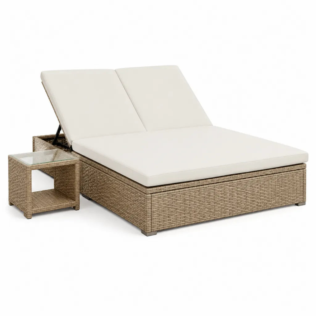 Garten-Doppelliege mit Beistelltisch 200 x 140 cm PE-Rattan Stahl rechteckig beige cremeweiß
