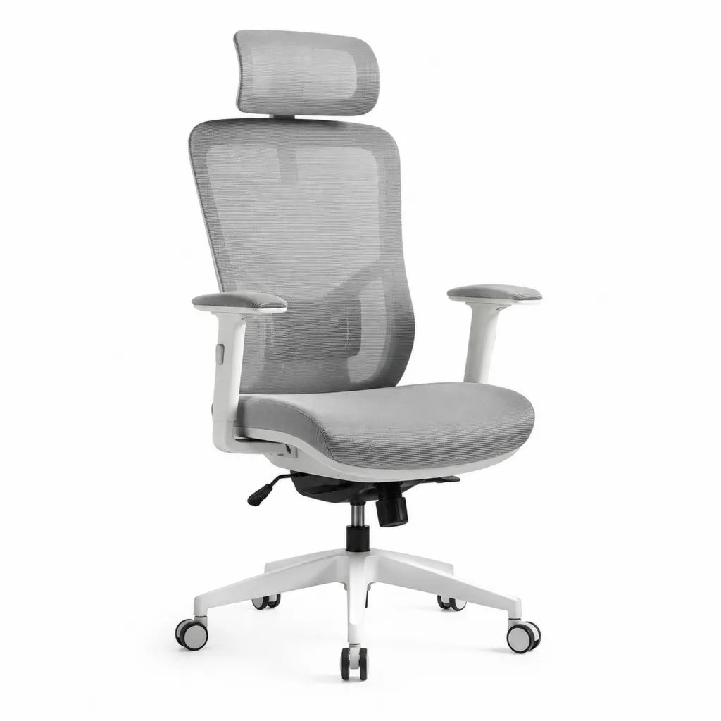 Ergonomischer Bürostuhl Drehstuhl mit Kopfstütze und Armlehnen aus Polyester-Netzgewebe in Grau Weiß 66 x 66 x 117-127 cm