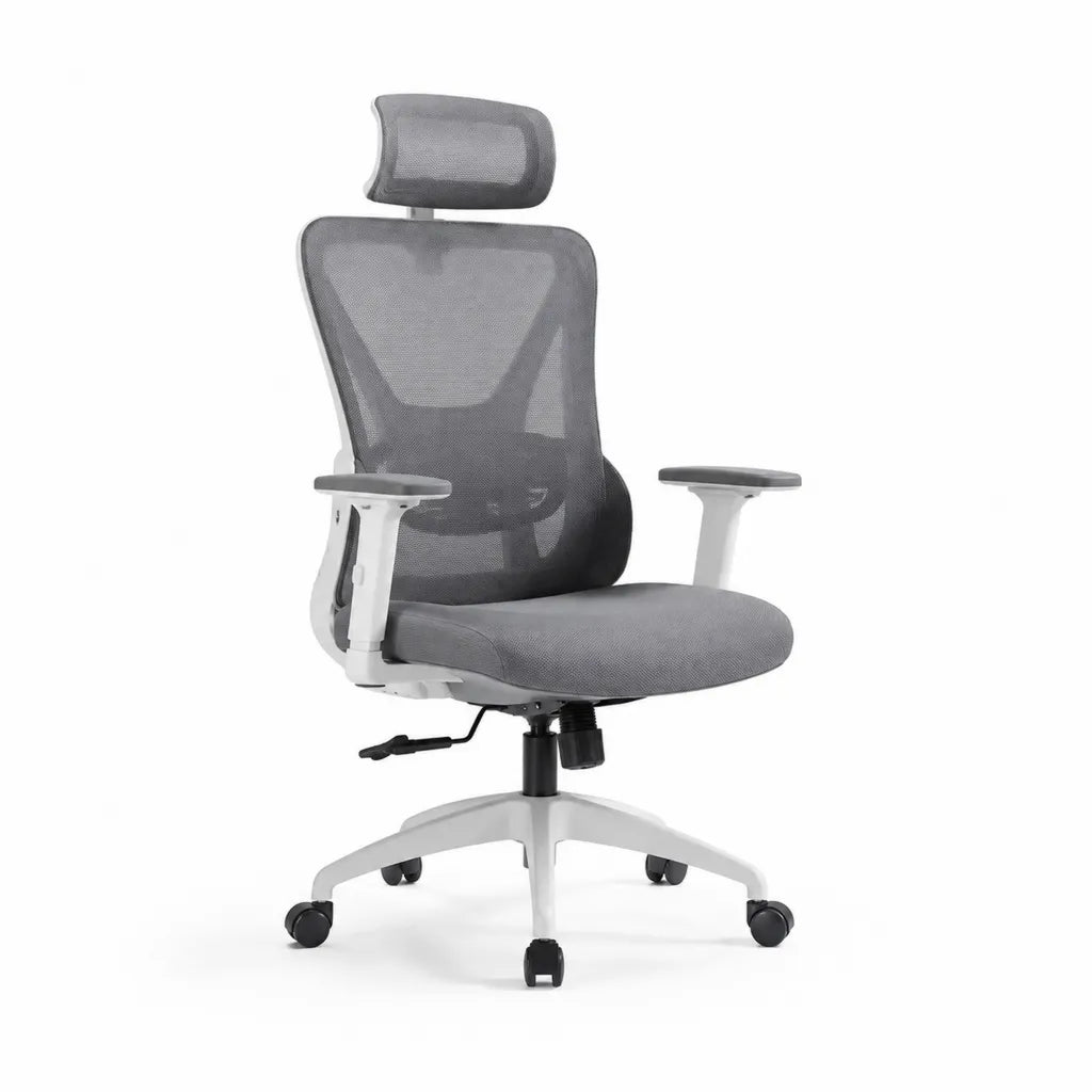 Ergonomischer Bürostuhl mit Kopfstütze Netzrücken verstellbaren Armlehnen und Rollen Grau Weiß 66 x 65 x 118-128 cm