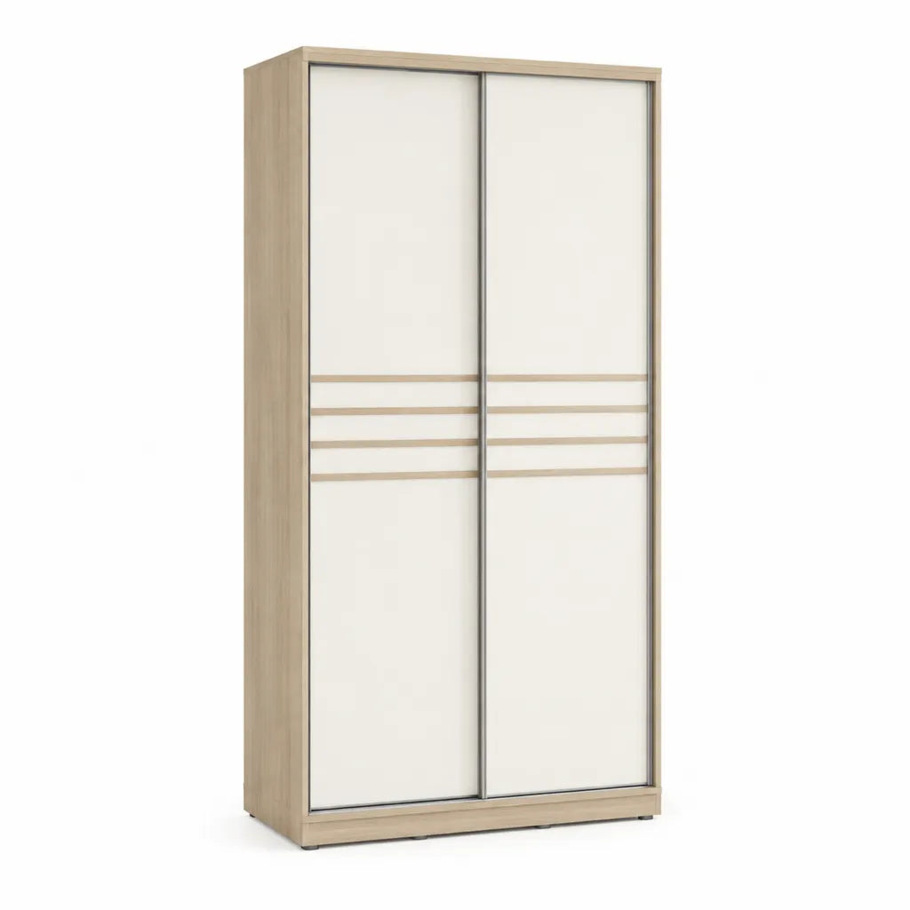 Schiebetürenschrank 120 x 200 x 60 cm aus melaminharzbeschichteter Spanplatte rechteckig in Weiß und Eiche