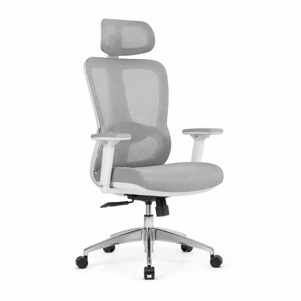 Ergonomischer Bürostuhl mit Kopfstütze und Netzrücken Grau Weiß 66 x 66 x 118-128 cm