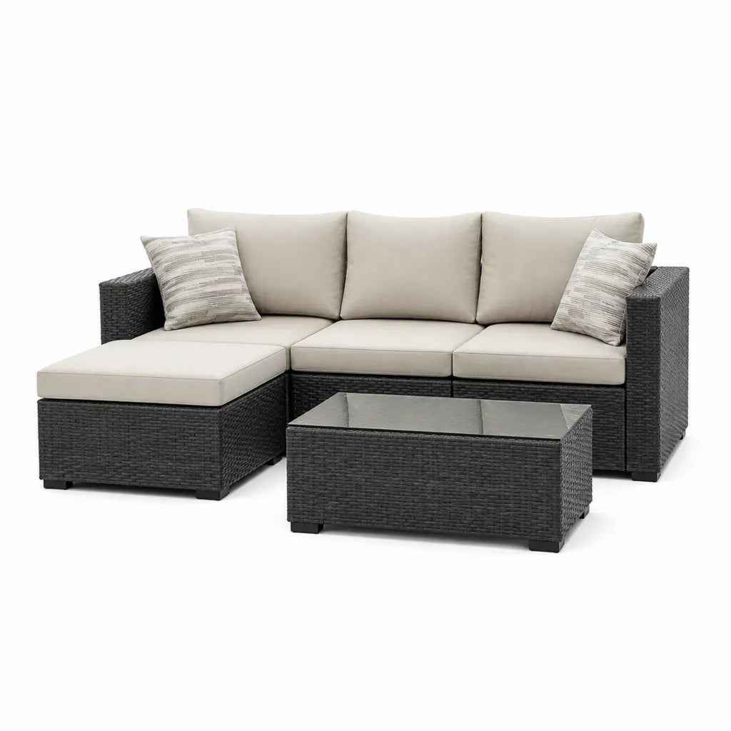 Gartensofa Set mit Couchtisch PE-Rattan rechteckig Anthrazit Beige 205 x 145 x 83 cm