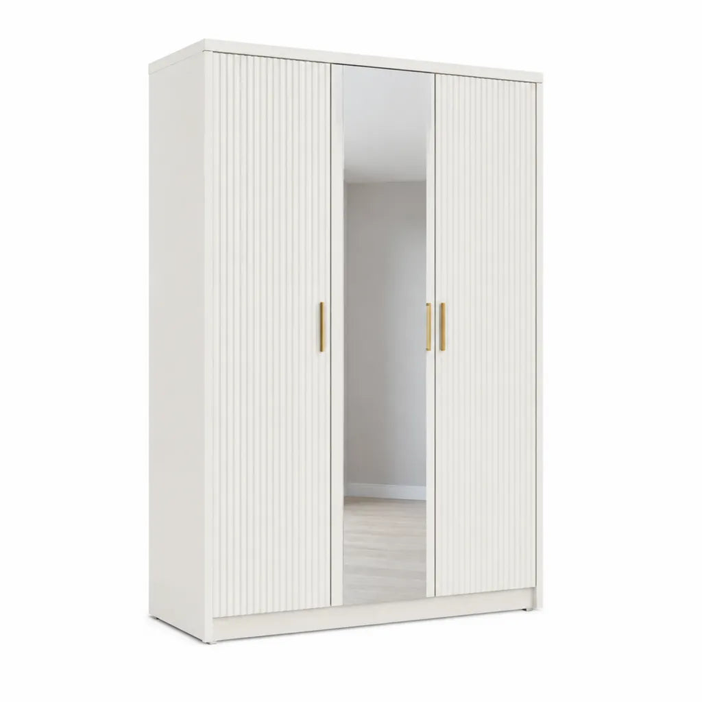 Kleiderschrank mit 3 Türen und Spiegel 120 x 52 x 200 cm Spanplatte MDF rechteckig Weiß